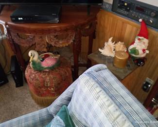 pottery swan, ottoman, lovely side table, early shells