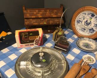 lazy susan, wood house and Dr P bank