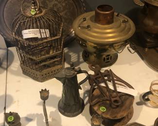 neat brass bird cage, and misc brass pcs