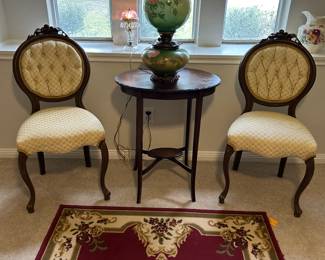Victorian Chairs, Rug and Gone With The Wind Lamp
