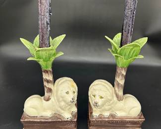 Pair Lion Ceramic Candlesticks Holders, $150