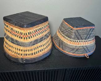 Pair African leather and reed baskets $200, 11.5 & 9.5"