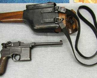 K-98 Mauser
Rock Island arsenal carbine 30 cal.
Springfield armory M-1 Grand tanker model
Walther P-38 ac40 9 mm. & holster
 Broom handle w/holster
