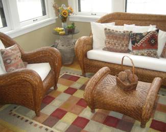 Nouveau-style wicker loveseat, chair and footstool from Pottery Barn, Pottery Barn area rug