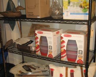 Grilling utensil set, thermos tote bag, Rubbermaid plastic food containers, beverage dispenser