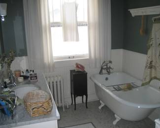 Bath accessories, antique cabinet