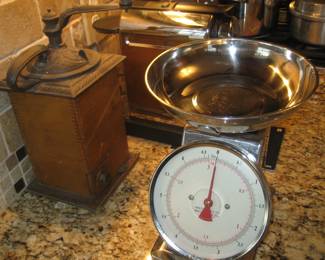 Antique coffee grinder, kitchen scale