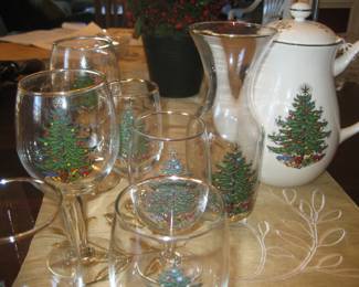 Christmas glasses, carafe, and coffee pot