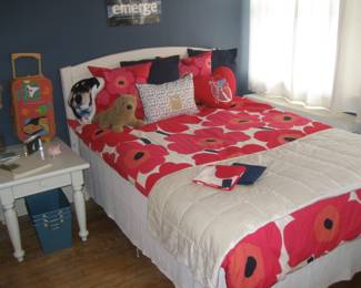 Double bed (new), table with drawer, Marimekko bedding