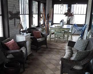 Wicker loveseat and chair, vintage table and chairs