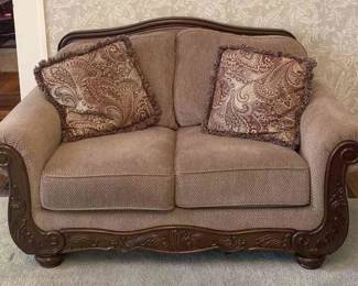 Ashley Furniture Tan And Wooden Loveseat Matches Set In Auction