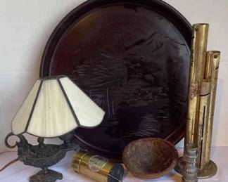 Brass Vintage Tube Bank, Genie Lamp Light, Wooden Serving Tray, And Other Decor