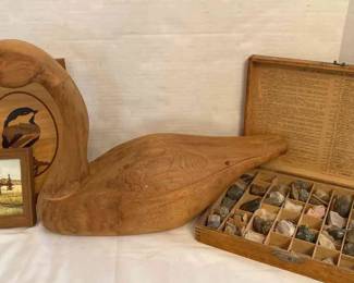 Carved Wooden Duck, Rock Collection, And Two Pieces Of Art