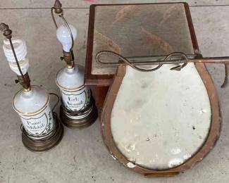 Horse Shoe Shaped Vintage Copper Mirror, Shoe Shine Stool, Two Paul Hanson Lamps
