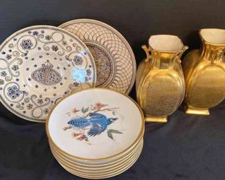 Eight Bird Plates made In Germany, Two Handpainted Hanging Wall Bowls made In Germany, And Two Decorative Vases