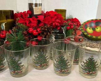 8 Spode Christmas Tree Glasses, Holiday Centerpiece, Ceramic Cardinal Bird Feeder Bath, Wood Bowl