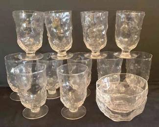 11 Morgantown Crinkle Crystal Clear Goblets And Three Matching Bowls