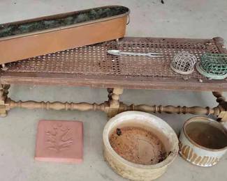 Footed copper trough, Flower Pots, Flower Frogs, And More