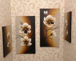 Flower Wall Art 4 Panels Amber, White, And Brown