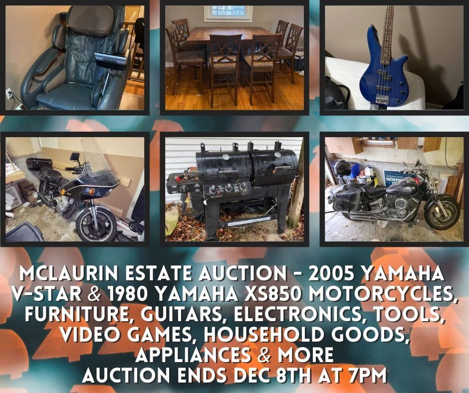 https://bit.ly/C2C12082023 McLaurin Estate Auction - 2005 & 1980 Yamaha Motorcycles, Furniture, Guitars, Electronics, Tools, Video Games, Household Goods, Appliances & More