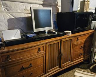 Mid Century modern server, PC w/ monitor, and microwave (items sold separately).