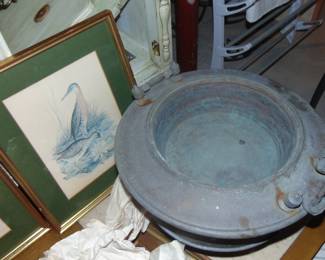 Framed wildlife art and metal vessel (items sold separately).