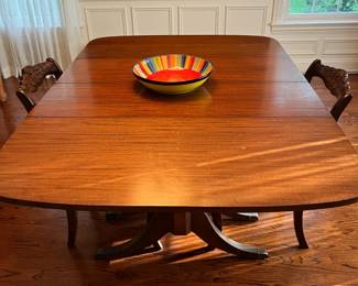 Vintage Duncan Phyfe Dining Table  -with 7 Rose Back Chairs (detailed Version)  and Hutch (4 additional leaf's extends table to over 9 feet is needed.
