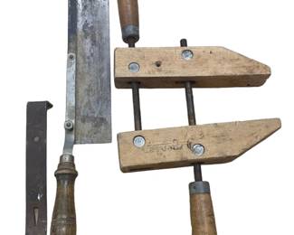 Vintage Wood Clamp and Carpenter Saw