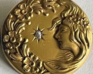 10k YELLOW GOLD ART NOUVEAU BROOCH WITH DIAMOND 