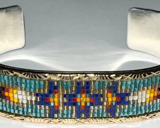 NATIVE AMERICAN BEADED STERLING SILVER CUFF BRACELET 