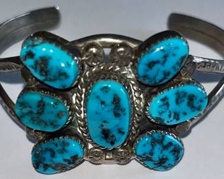 NATIVE AMERICAN STERLING SILVER & TURQUOISE “BUTTERFLY” CUFF BRACELET - ARTIST SIGNED 