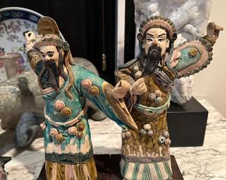 Poly-chrome Roof Tile Figures on Wood Stands