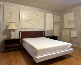 Mid-Mod Teak Bedroom Headboard and Bed Side Cabinets, Glazed Canvas Textural Art by Rosalie Daley