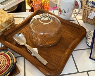 Mic-Century Modern Cheese Board with Glass Dome Cover by Dansk, Mid-Century Modern Brushed Stainless Salad Serving Set