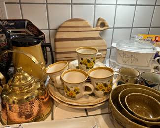 Vintage 1970's Stoneware Dishes, Corning-ware, Copper/Brass Kettle