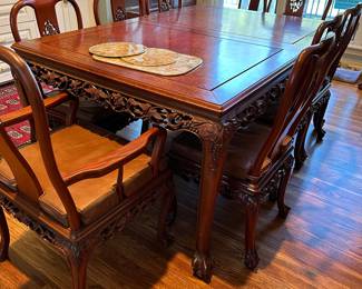 Solid Rosewood Carved Dining Set (Table w/10 chairs & 2 leaves)