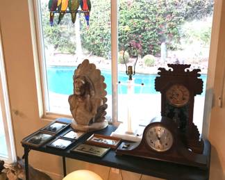 Antique clocks, carved wood Indian, stained glass & silhouettes, light color ball   
