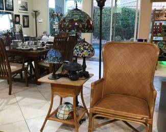 rattan chair, table & stained glass lamps