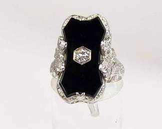 Edwardian black onyx and diamond white gold filigree ring