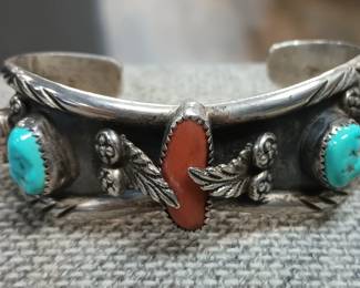 Native American Cuff with coral and turquoise. Small to med wrist