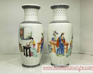 25 Pair of Matching Hand Painted Famille Rose Pattern Vases