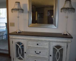 Off White Stressed Buffet - Pair Of Pencil Lamps and Mirror