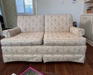 Cream floral loveseat (L), low seat height of 17", spotting to fabric in several areas, 32"D x 56"W