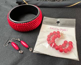 Jewelry Lot#16 red beaded earrings and cuff bracelet