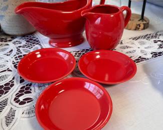 Red ceramic small dishes 3-4", creamer and gravy