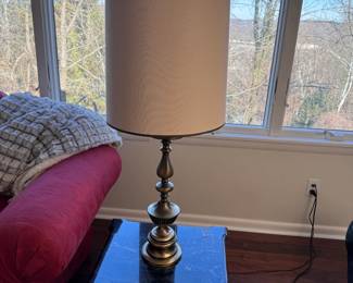 Brass color metal table lamp with barrel shade, lamp needs electrical work 32"H