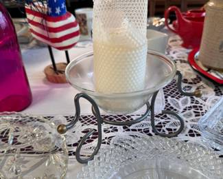 Glass votive holder on stand with honeycomb pillar candle (partially used) stand is 4"H