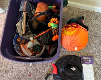 Purple bin of Halloween decorations 