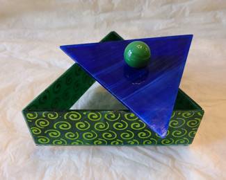 Green and blue glass lapis triangle box with lid