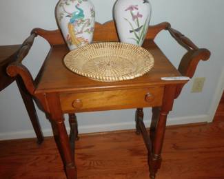 ANTIQUE WASH STAND WITH FINE PORCELAIN VASES AND SEA GRASS BASKET